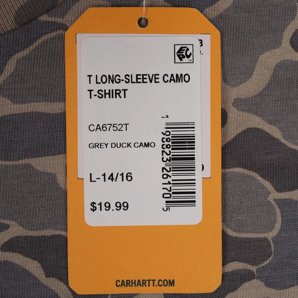 Carhartt T-Shirt Kids L 14/16 Grey Duck Camo Long-Sleeve Graphic CA6752T Logo